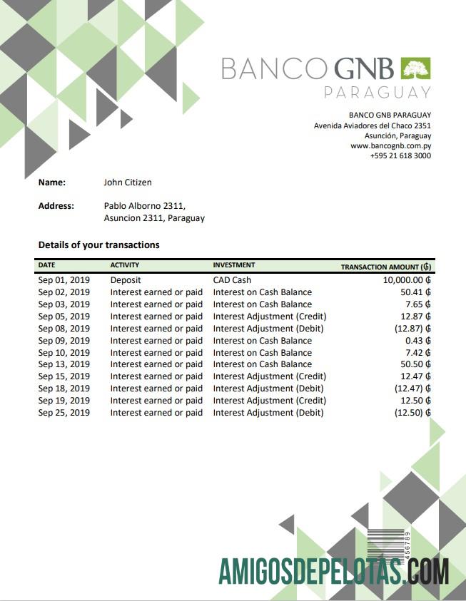 Paraguay Banco Continental S.A.E.C.A. modelo de extrato bancário